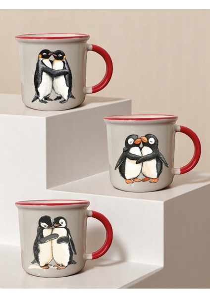 Penguen Baskılı 3'lü Ağzı Kırmızı Seramik Kupa Bardak Hediyelik Kahve Bardağı