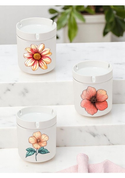 Çiçek Baskılı 3'lü Seramik Küllük Kül Tablası - Erkek Kadın Için Doğum Günü Hediyesi Hediyelik