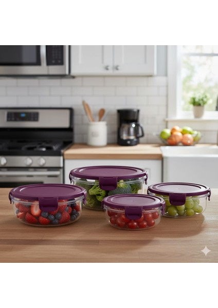Renkli Kapak Yuvarlak Saklama Kabı 4'lü Set 400X800X1350X2250ML