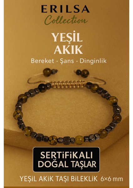 Sertifikalı Doğal Terahertz Ejderha Yeşil Akik Taşı Bileklik 6x6 mm - Bereket ve Şans Taşı