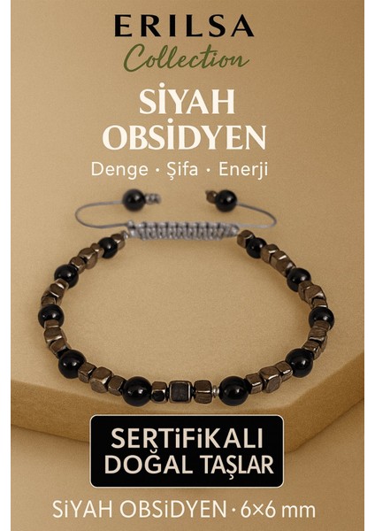 Sertifikalı Doğal Terahertz Siyah Obsidyen Taşı Bileklik 6x6 mm - Denge ve Enerji Taşı