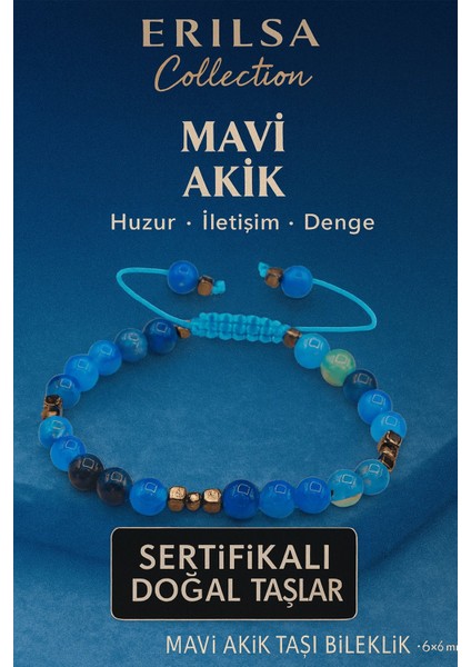 Sertifikalı Doğal Terahertz Mavi Akik Taşı Bileklik 6x6 mm Huzur ve Denge Taşı