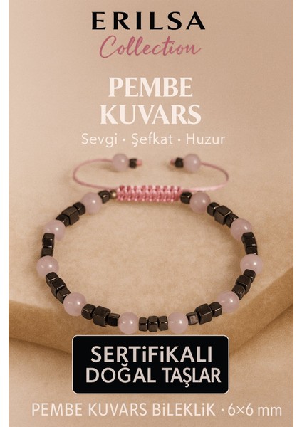 Sertifikalı Doğal Terahertz Pembe Kuvars Taşı Bileklik 6x6 mm Sevgi ve Huzur Taşı