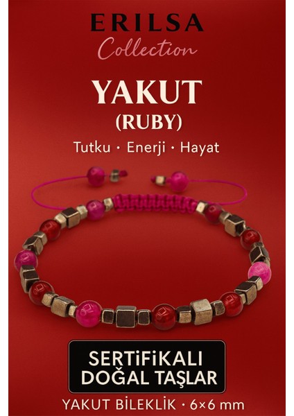 Sertifikalı Doğal Terahertz - Yakut (Ruby) Taşı Bileklik 6x6 mm - Tutku ve Enerji Hayat Taşı