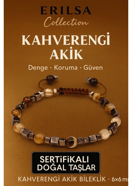 Asertifikalı Doğal Terahertz Kahverengi Akik Taşı Bileklik 6x6 mm - Denge ve Koruma Taşı