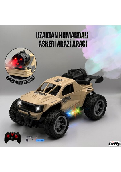 Uzaktan Kumandalı Arazi Askeri Araç Buhar Atan Şarjlı Işıklı Full Fonksiyon Rc Araba Duman Atan Araç