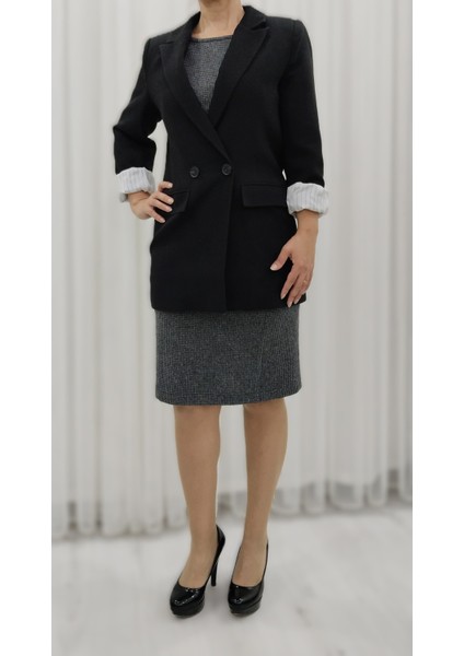 Minikazayağı Desenli Likralı Yünlü Kışlık Önden Kuplu Düz Dar Elbise