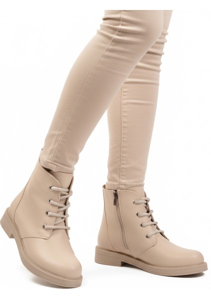 Bej Bağcıklı Fermuarlı Kadın Topuklu Bot