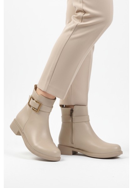 Bej Fermuarlı Içi Polarlı Kadın Topuklu Bot