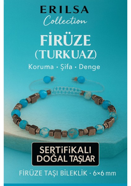Sertifikalı Doğal Terahertz Firuze (Turkuaz) Taşı Bileklik 6x6 mm - Koruma ve Şifa Taşı