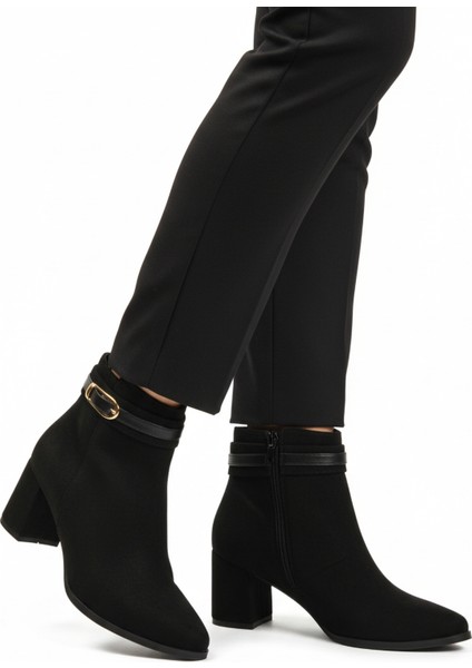 Siyah Süet Fermuarlı Içi Kürklü Kadın Topuklu Bot
