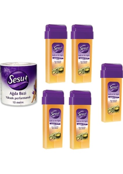 Normal Sarı Kartuş Ağda 100ML x 5 ve 10 mt Ağda Bezi Rulo Seti