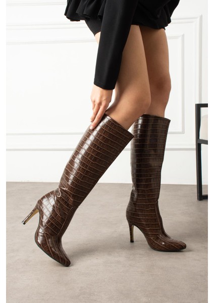 Liliana Kadın Çizme Ince Topuklu Kroko Desenli Kahverengi Deri