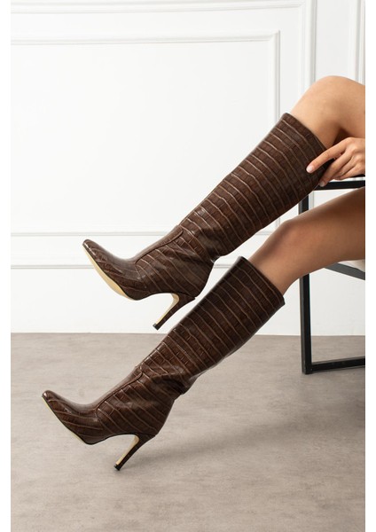 Liliana Kadın Çizme Ince Topuklu Kroko Desenli Kahverengi Deri fiyatları