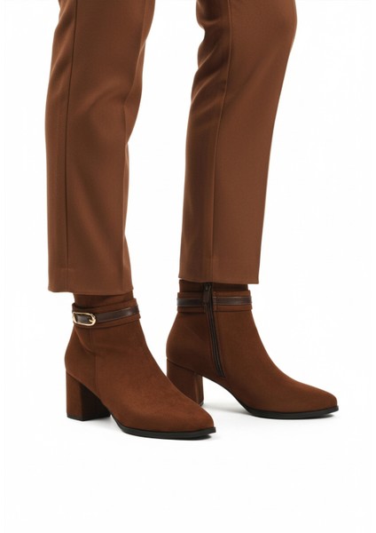 Kahve Süet Fermuarlı Içi Kürklü Kadın Topuklu Bot