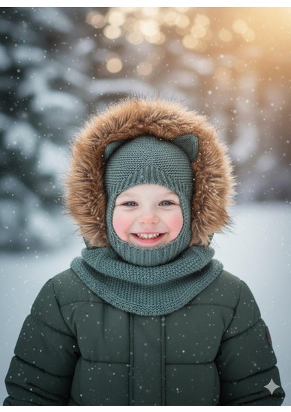 Kedi Kulaklı Kışlık Balaklava Triko Boyunluklu Bebek Çocuk Şapka Bere Kar Maskesi