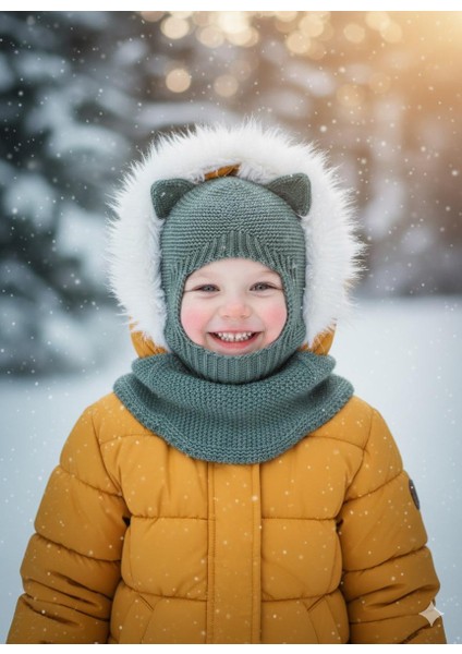 Kedi Kulaklı Kışlık Balaklava Triko Boyunluklu Bebek Çocuk Şapka Bere Kar Maskesi