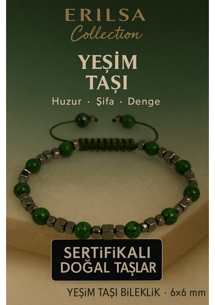 Sertifikalı Doğal Terahertz Yeşim Taşı Bileklik 6x6 mm - Huzur ve Denge Taşı