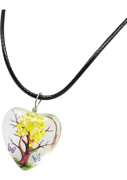 El Yapımı, Kurutulmuş Çiçekli Kalp Tasarım Epoksi Hayat Ağacı Kolye