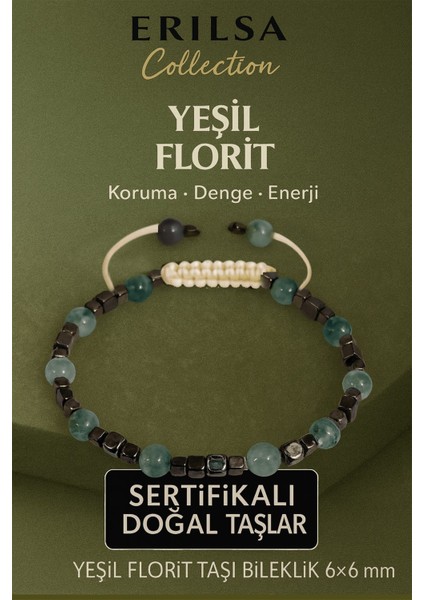 Sertifikalı Doğal Terahertz Yeşil Florit Taşı Bileklik 6x6 mm - Koruma ve Denge Taşı