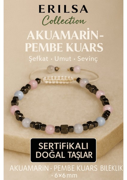 Sertifikalı Doğal Terahertz Akuamarin – Pembe Kuvars Taşı Bileklik 6x6 mm Şefkat ve Umut Taşı