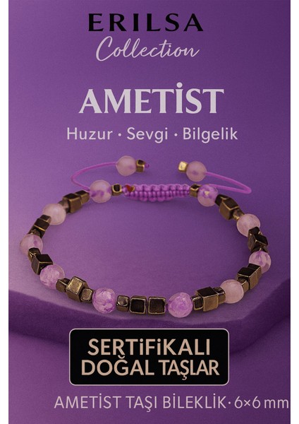 Sertifikalı Doğal Terahertz Fasetli Ametist Taşı Bileklik 6x6 mm Huzur ve Bilgelik Taşı