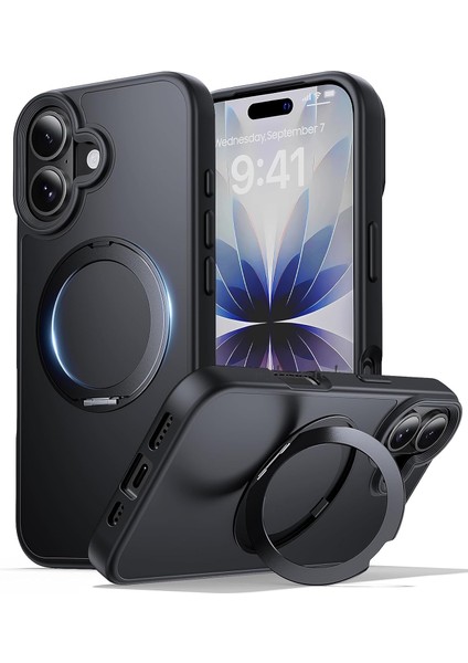 Apple iPhone 17 Kılıf Magsafe Halkalı 360 Dönebilen Yüzüklü Standlı Armour Mat Mıknatıslı Kapak