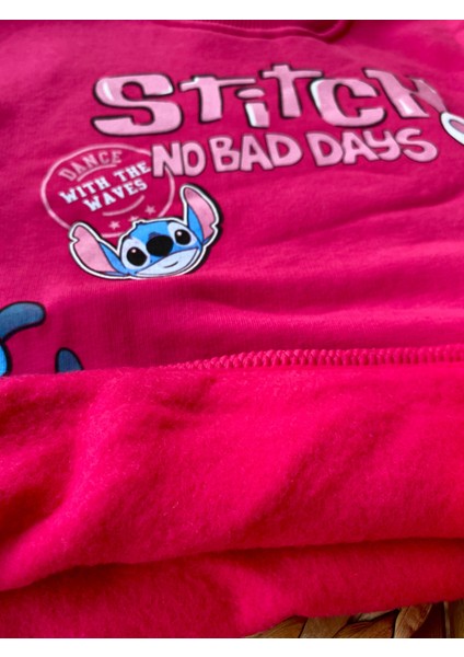 Kız Çocuk Stitch Baskılı Içi Polarlı Beli Lastikli Bağcıklı Pamuklu Kumaş Pembe Renk Alt Üst Takım modelleri