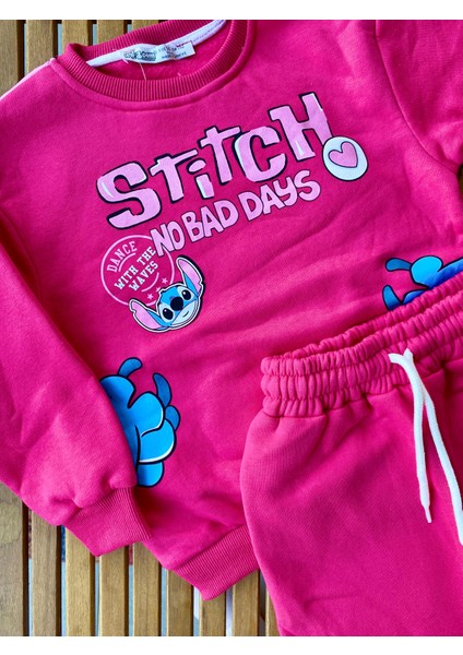 Kız Çocuk Stitch Baskılı Içi Polarlı Beli Lastikli Bağcıklı Pamuklu Kumaş Pembe Renk Alt Üst Takım indirimleri