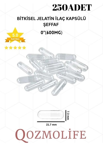 orta boy şeffaf bitkisel jelatin boş kapsülü helal sertifikalı 0"600mg (250 adet)