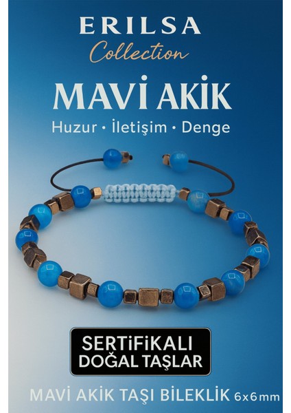 Sertifikalı Doğal Terahertz Mavi Akik Taşı Bileklik 6x6 mm - Huzur ve Denge Taşı