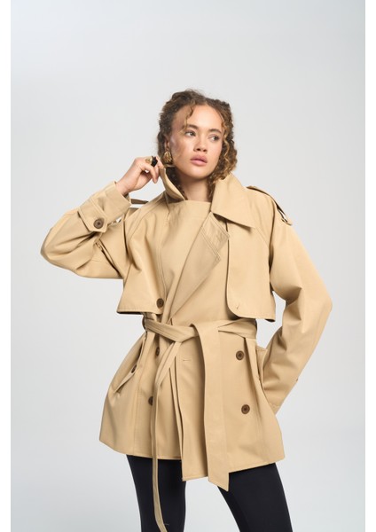 Tyra Camel Kemerli Kısa Trençkot