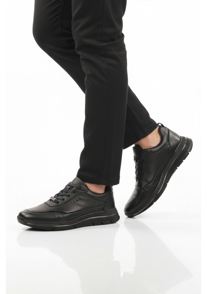 Siyah Hakiki Deri Bağcıklı Erkek Sneaker