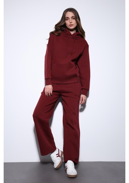 Bordo Kapüşonlu Basic Kadın Sweatshirt