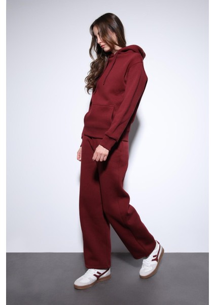 Bordo Kapüşonlu Basic Kadın Sweatshirt fiyatları