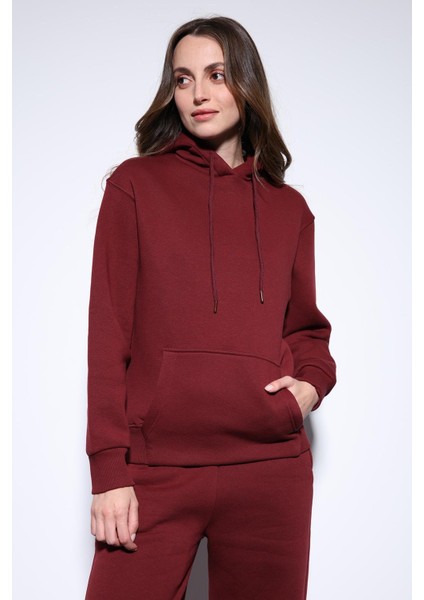 Bordo Kapüşonlu Basic Kadın Sweatshirt modelleri
