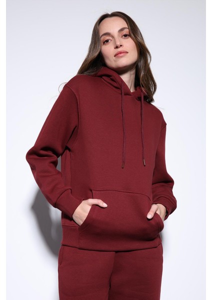 Bordo Kapüşonlu Basic Kadın Sweatshirt fırsatları
