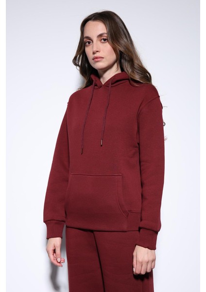 Bordo Kapüşonlu Basic Kadın Sweatshirt indirimleri