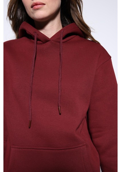 Bordo Kapüşonlu Basic Kadın Sweatshirt