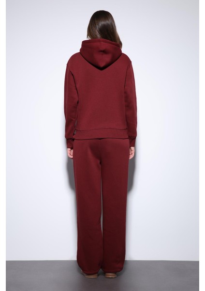 Bordo Kapüşonlu Basic Kadın Sweatshirt