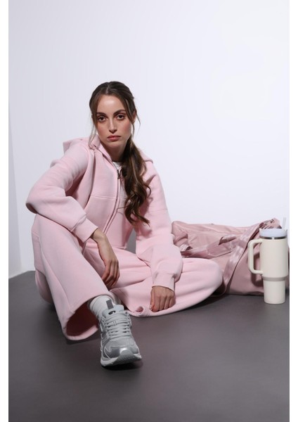 Pembe Fermuarlı Kapüşanlı Kadın Sweatshirt