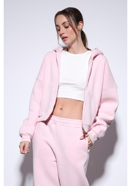 Pembe Fermuarlı Kapüşanlı Kadın Sweatshirt modelleri