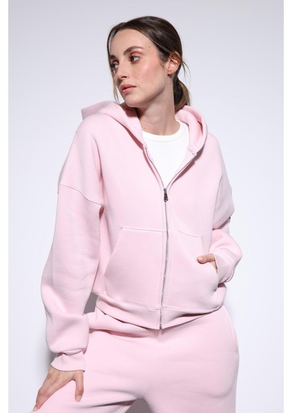 Pembe Fermuarlı Kapüşanlı Kadın Sweatshirt indirimleri