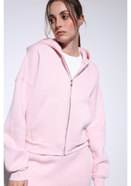 Pembe Fermuarlı Kapüşanlı Kadın Sweatshirt