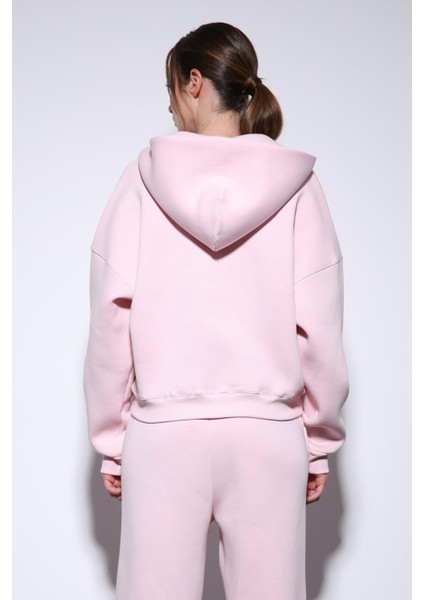 Pembe Fermuarlı Kapüşanlı Kadın Sweatshirt