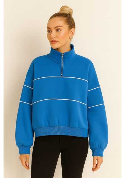 Yarım Fermuarlı Biyeli Üç Ip Kadın Sweatshirt