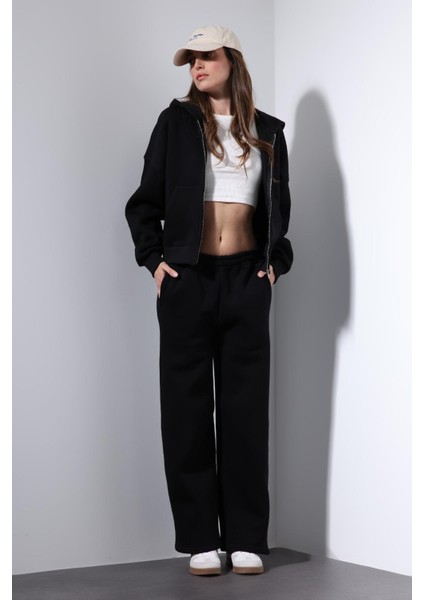 Siyah Fermuarlı Kapüşanlı Kadın Sweatshirt
