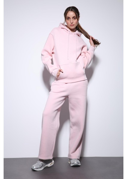 Pembe Kapüşonlu Basic Kadın Sweatshirt