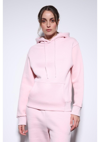 Pembe Kapüşonlu Basic Kadın Sweatshirt fırsatları