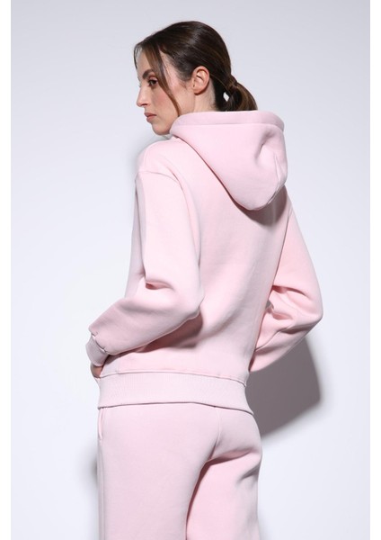 Pembe Kapüşonlu Basic Kadın Sweatshirt